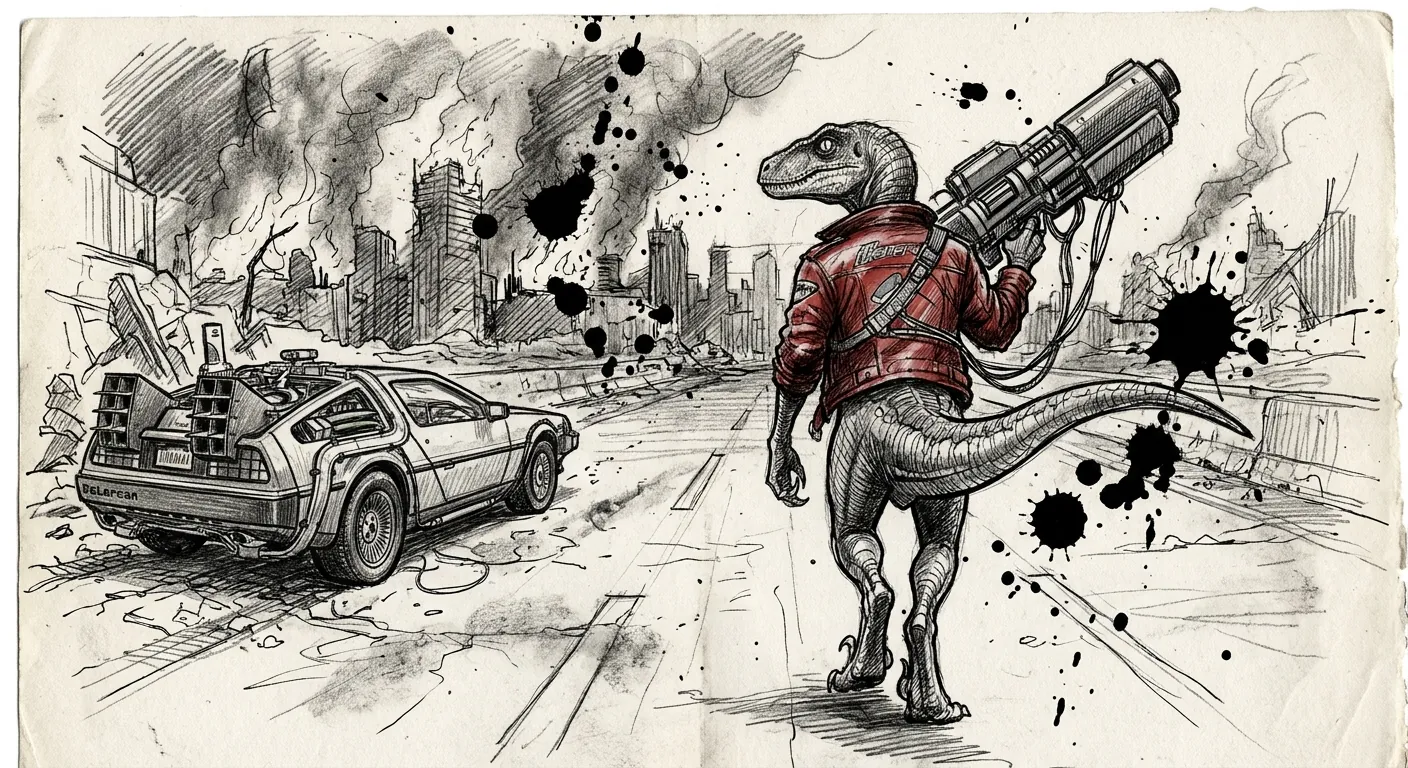 Ink drawing of a raptor in a red leather jacket carrying a railgun on a ruined highway, DeLorean parked behind