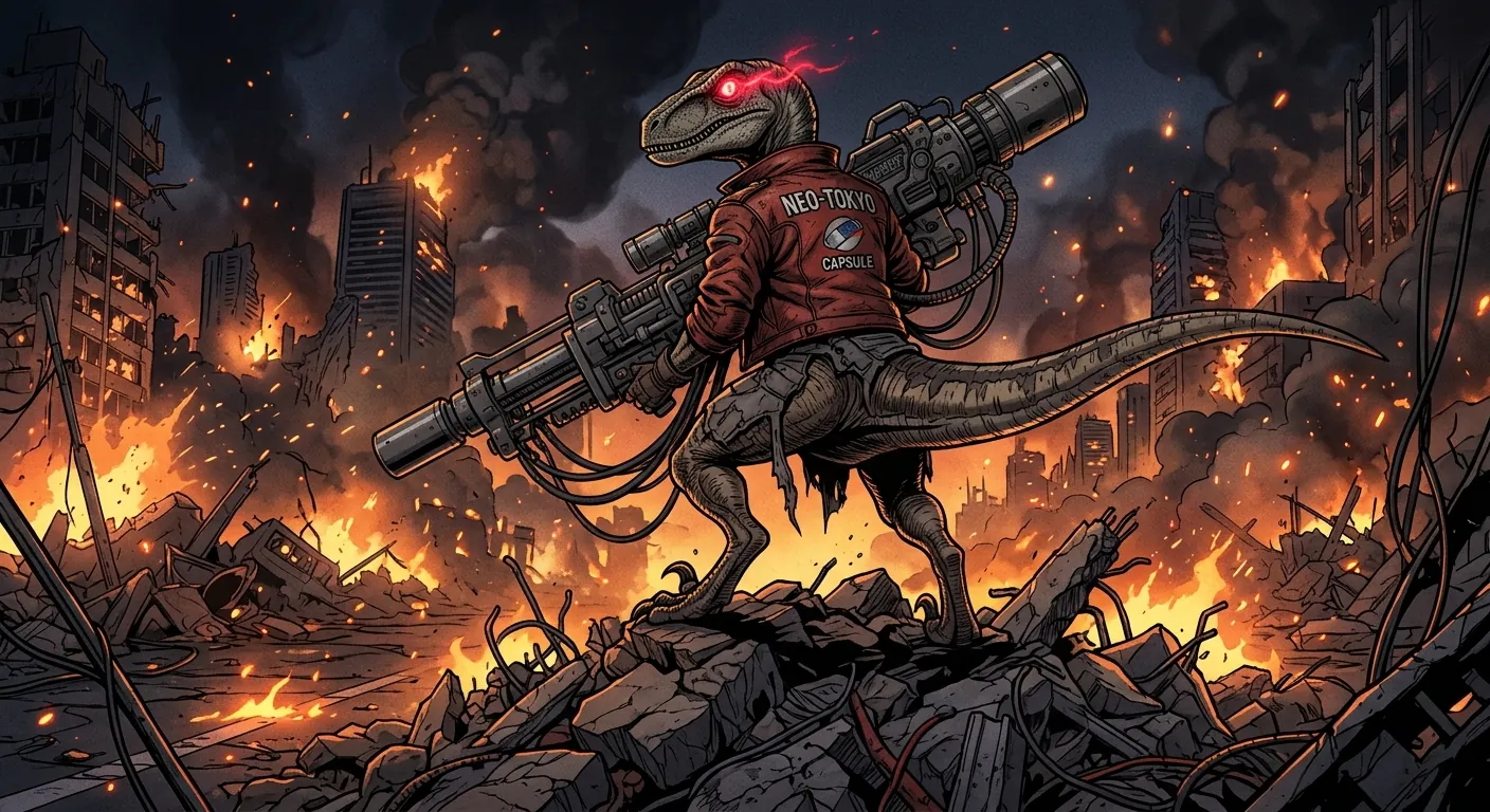 A T-Rex mercenary in a bomber jacket with a cannon, standing in a burning city