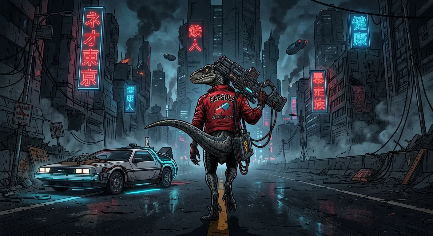 A raptor in a red bomber jacket with a railgun on a neon-lit street beside a DeLorean
